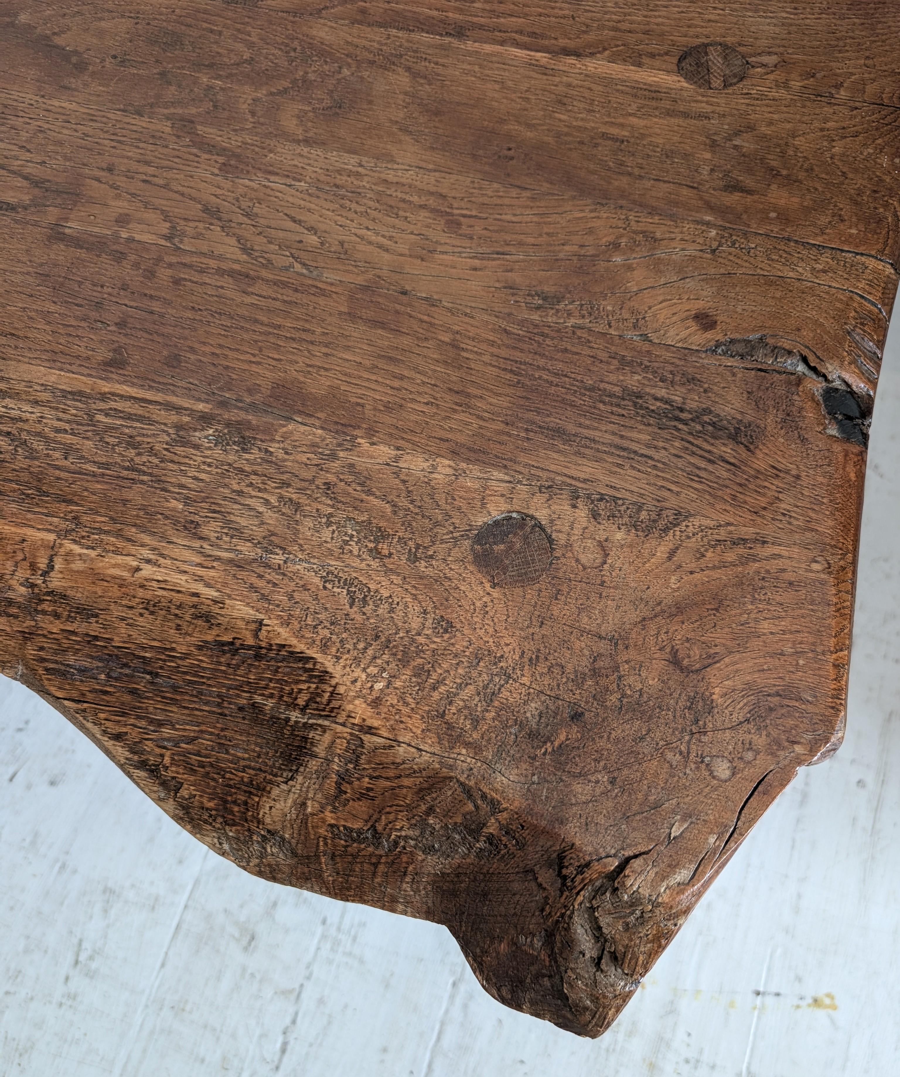 Vintage French primitive solid oak live edge coffee table, circa 1950s 1960s For Sale 5