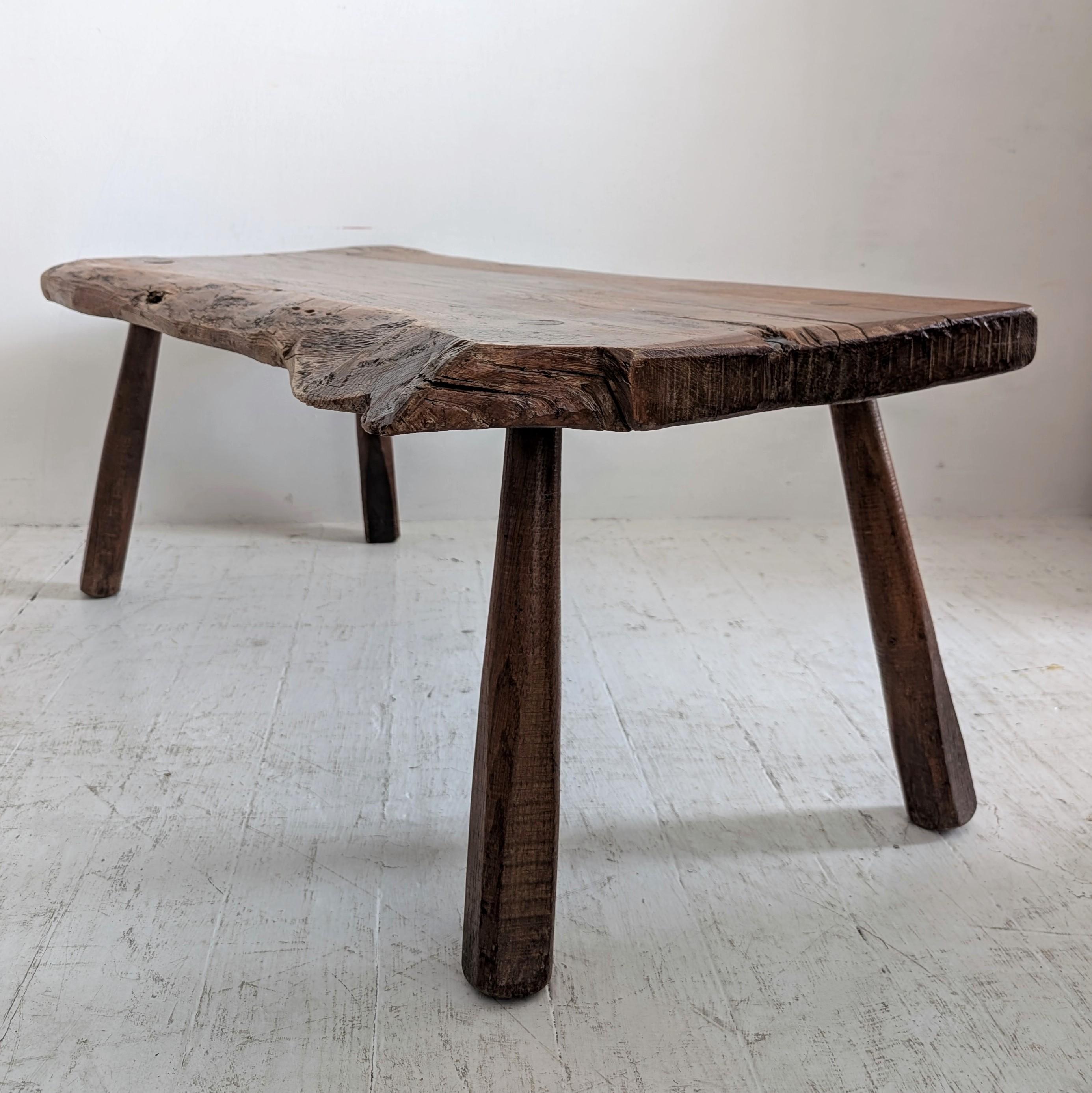 Vintage French primitive solid oak live edge coffee table, circa 1950s 1960s For Sale 1