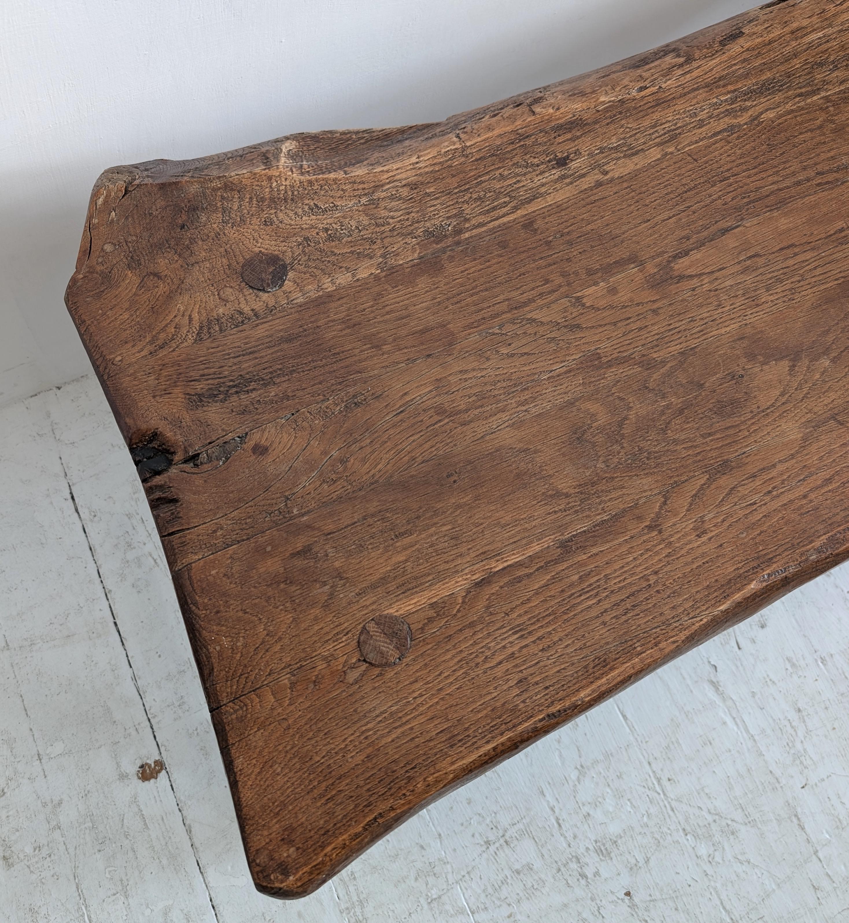 Vintage French primitive solid oak live edge coffee table, circa 1950s 1960s For Sale 3