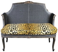 Vintage French Provincial Bergère Down Filled Leopard Settee Bench Love Seat