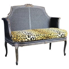 Retro French Provincial Bergère Down Filled Leopard Settee Bench Love Seat