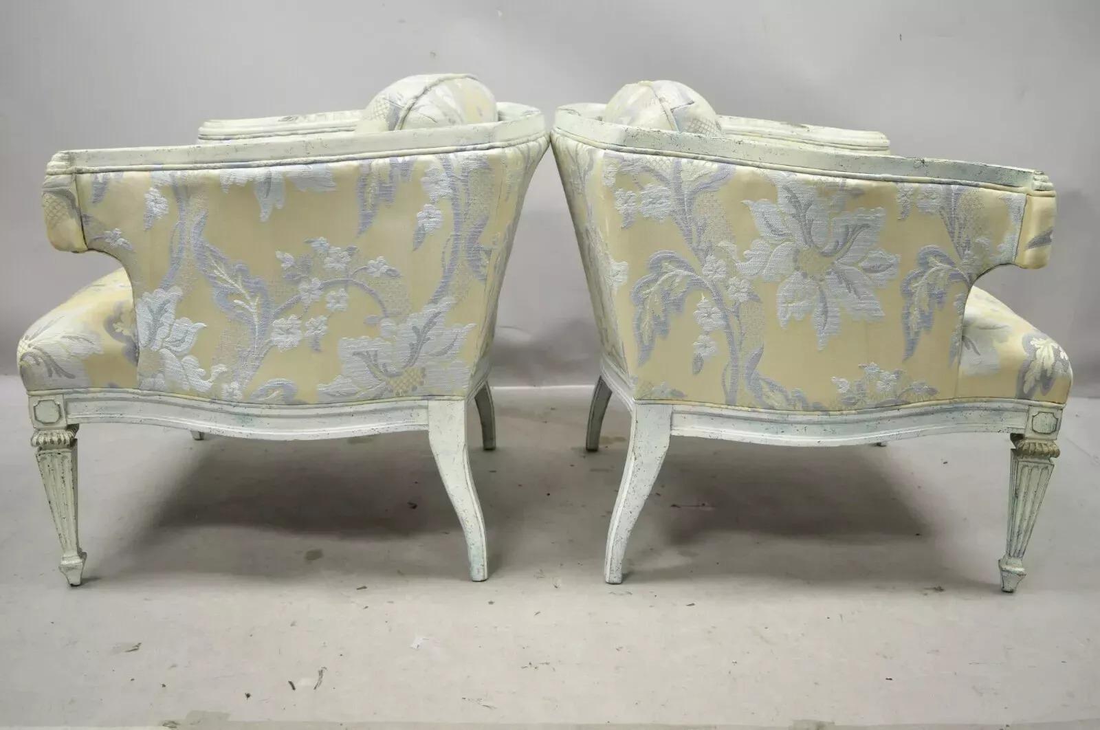 Vintage French Provincial Blue & Cream Painted Club Lounge Chairs - a Pair For Sale 6