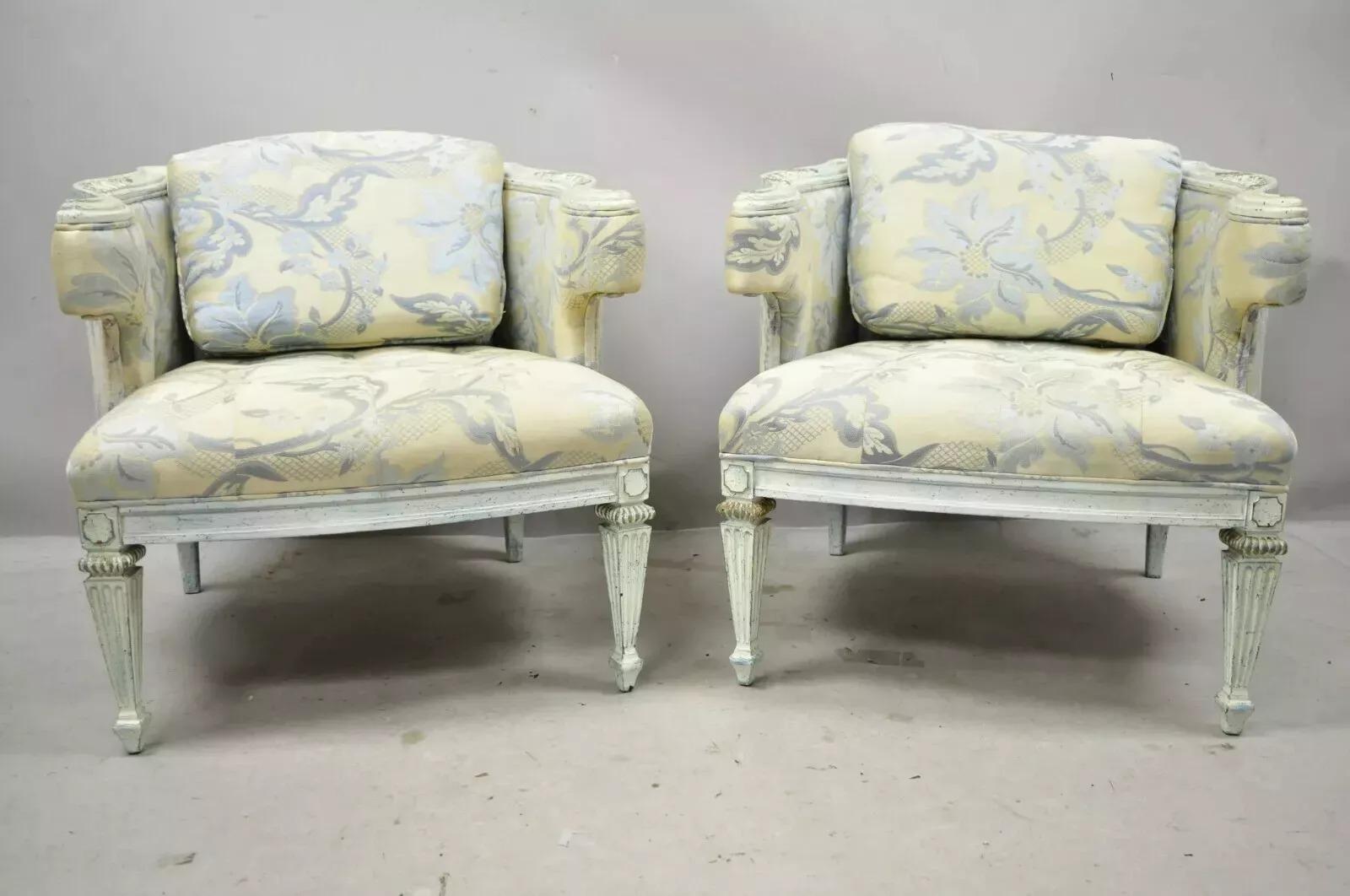 Vintage French Provincial Blue & Cream Painted Club Lounge Chairs - a Pair. Item features solid wood frame, blue distressed finish, tapered legs, great style and form. Circa Mid 20th Century. Measurements: 25