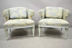 Vintage French Provincial Blue & Cream Painted Club Lounge Chairs - a Pair