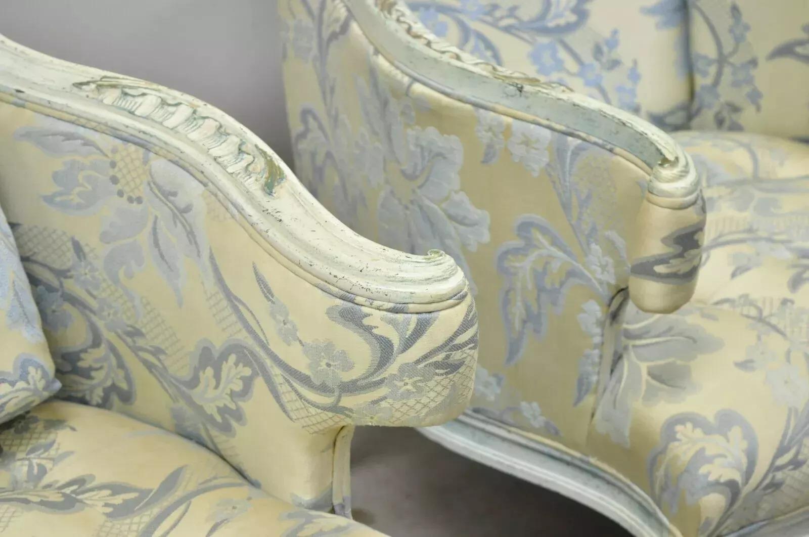Vintage French Provincial Blue & Cream Painted Club Lounge Chairs - a Pair In Good Condition For Sale In Philadelphia, PA