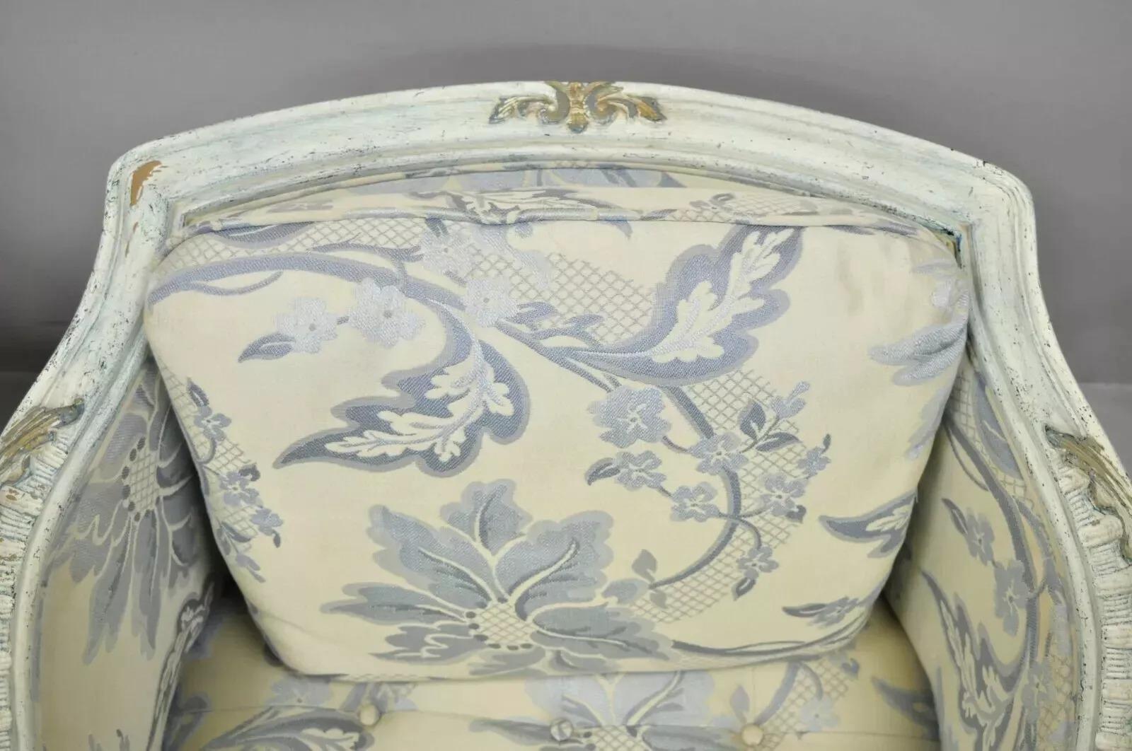 Fabric Vintage French Provincial Blue & Cream Painted Club Lounge Chairs - a Pair For Sale