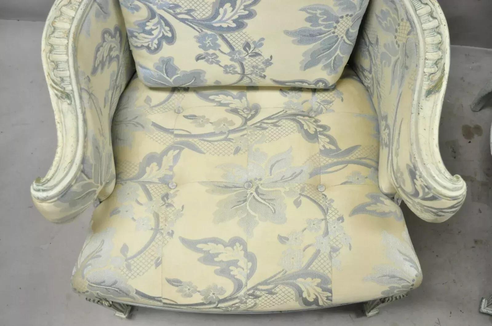 Vintage French Provincial Blue & Cream Painted Club Lounge Chairs - a Pair For Sale 1