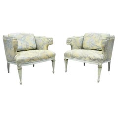 Vintage French Provincial Blue & Cream Painted Club Lounge Chairs - a Pair