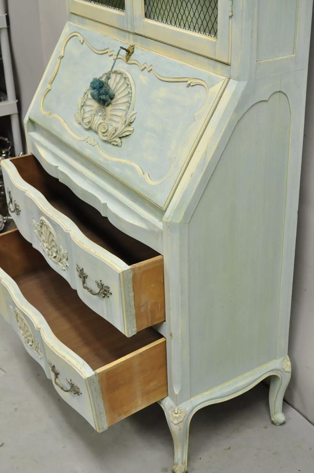 Vintage French Provincial Blue Painted Bookcase Tall Secretary Desk by Danby For Sale 5