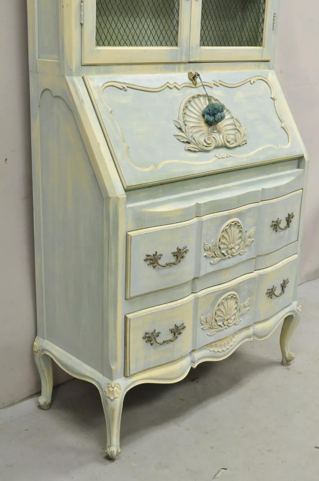 Vintage French Provincial Blue Painted Bookcase Tall Secretary Desk by Danby For Sale 7