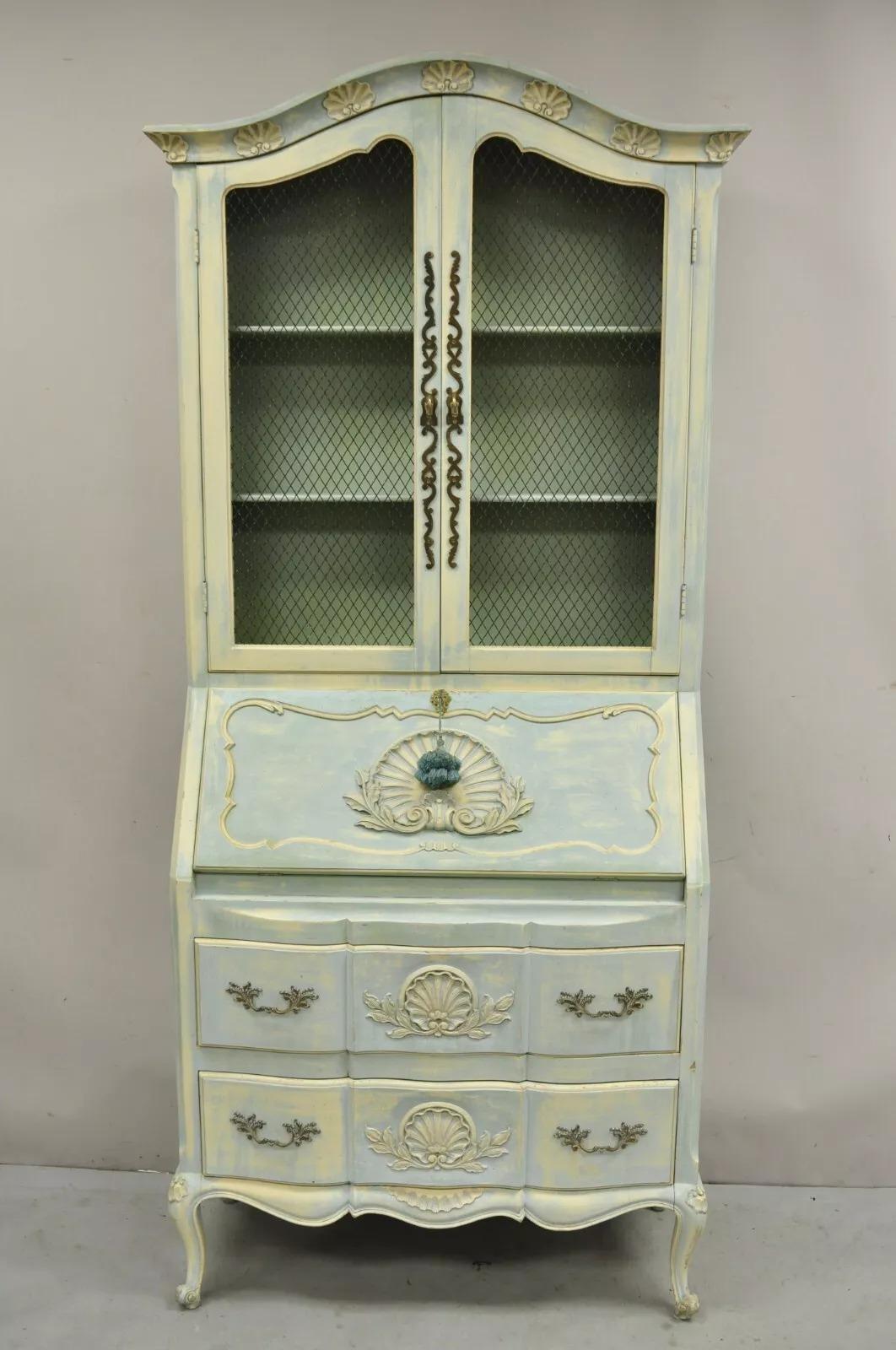 Vintage French Provincial Blue Painted Bookcase Tall Secretary Desk by Danby For Sale 8