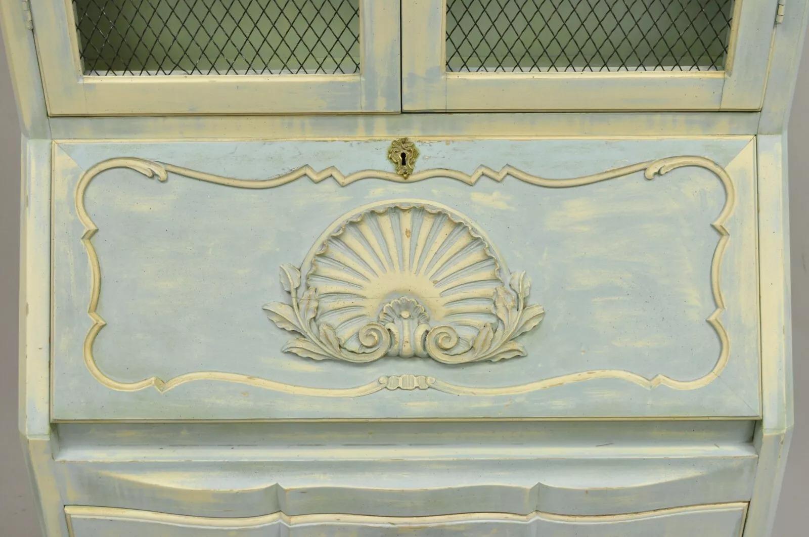 Unknown Vintage French Provincial Blue Painted Bookcase Tall Secretary Desk by Danby For Sale