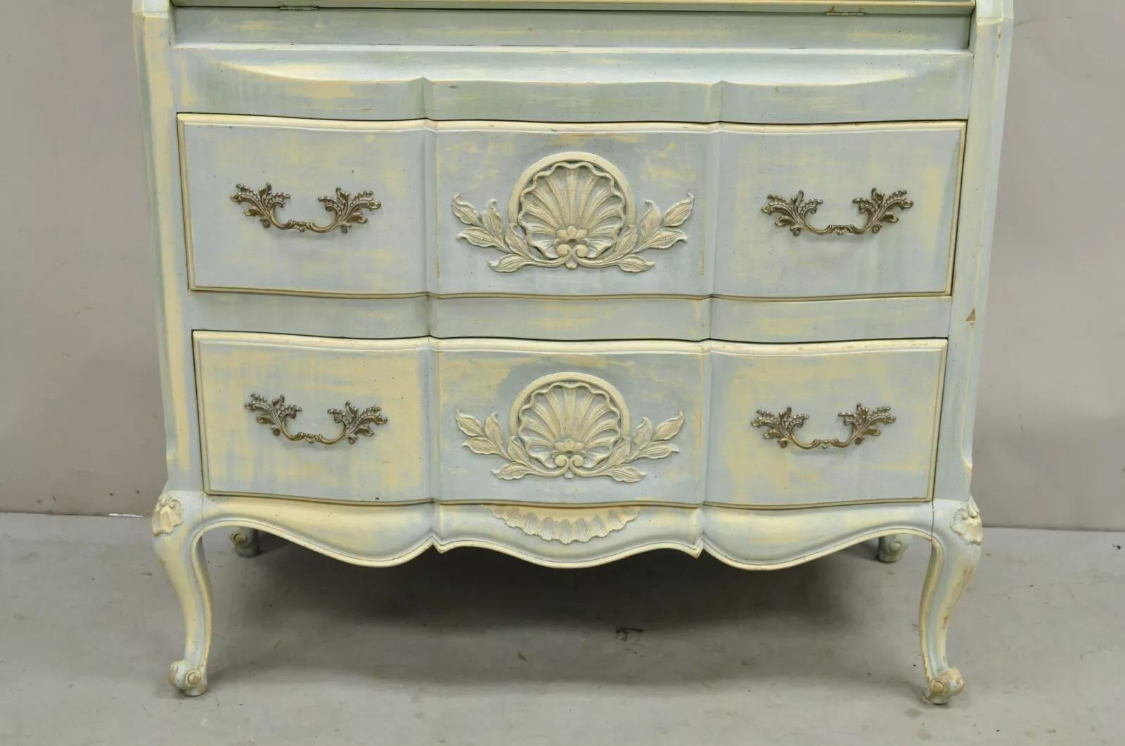 Vintage French Provincial Blue Painted Bookcase Tall Secretary Desk by Danby In Good Condition For Sale In Philadelphia, PA