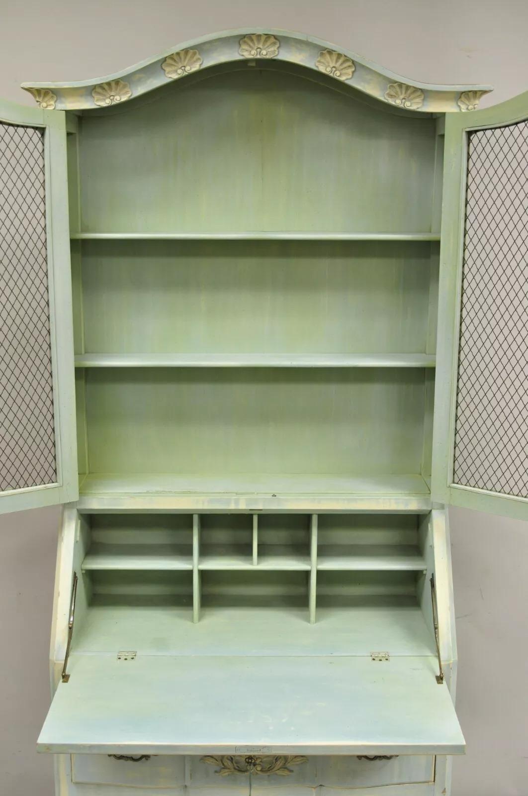 20th Century Vintage French Provincial Blue Painted Bookcase Tall Secretary Desk by Danby For Sale