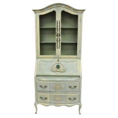 Blau bemaltes Bücherregal, hoher Sekretär-Schreibtisch von Danby, Französische Provence, Vintage