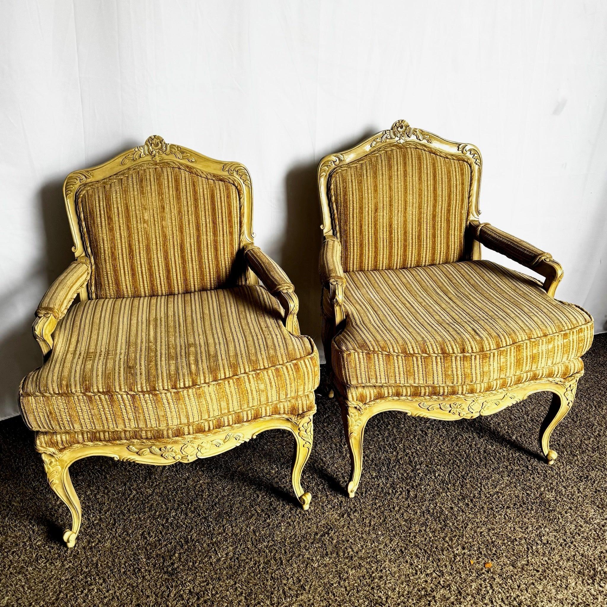Elevate your space with these French Provincial Lounge Chairs—where classic design meets timeless comfort.
 
 We sell items as acquired, without restoring or repairing. Vintage pieces may have age-related wear. Review photos carefully, ask
