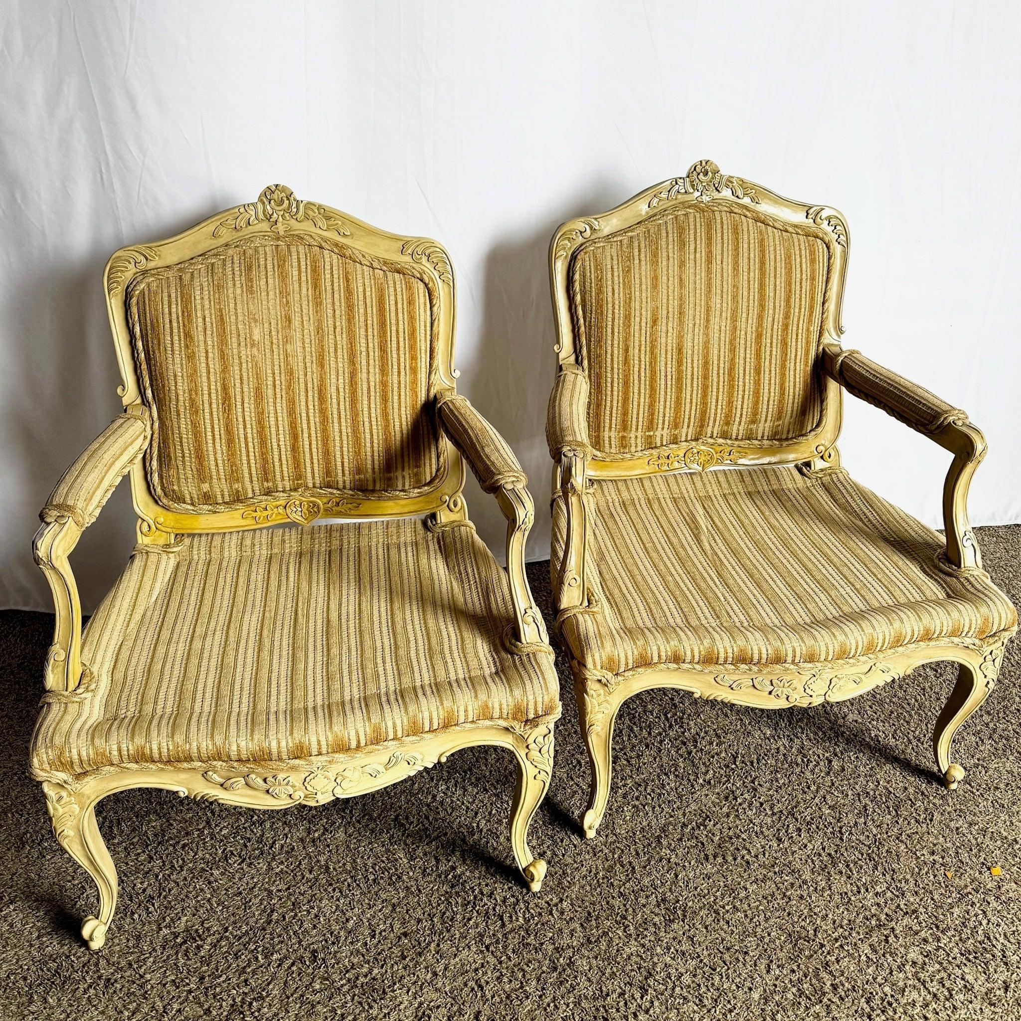 American Vintage French Provincial Brown and Tan Lounge Chairs - A Pair For Sale
