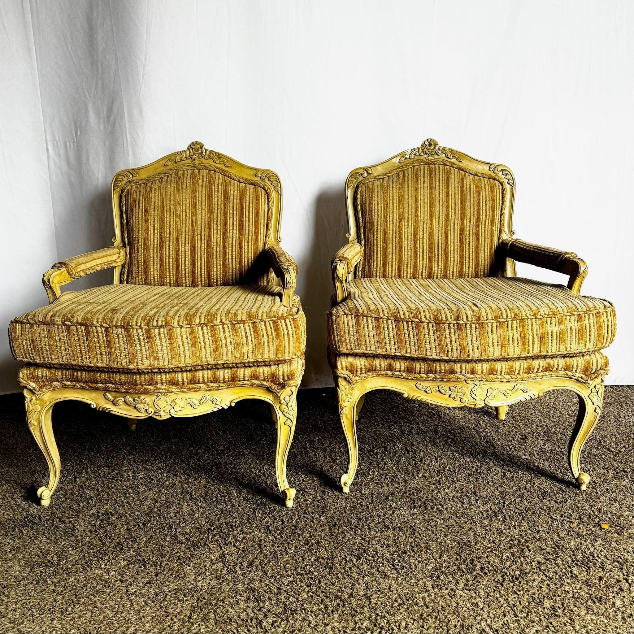 Vintage French Provincial Brown and Tan Lounge Chairs - A Pair In Good Condition For Sale In Delray Beach, FL