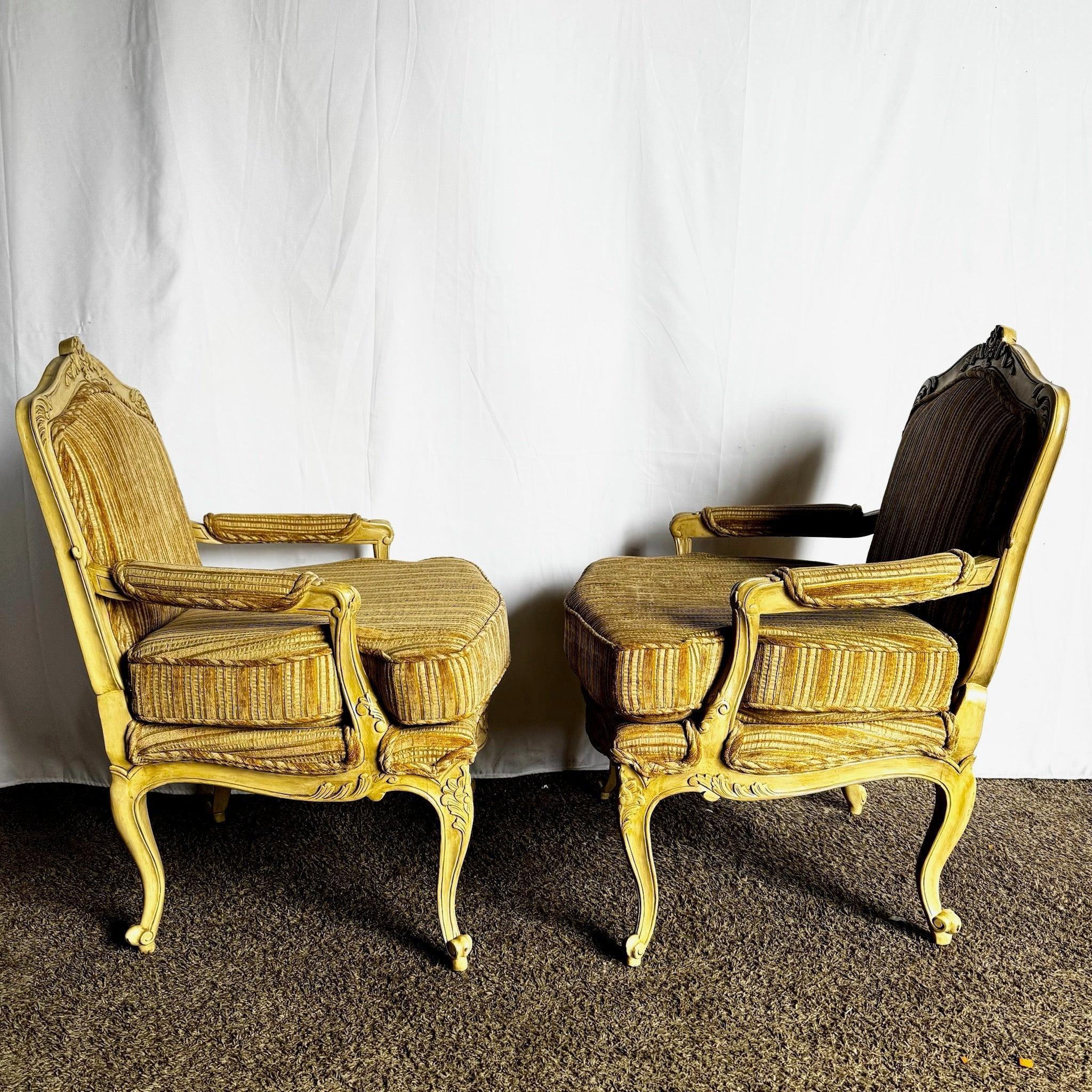 Contemporary Vintage French Provincial Brown and Tan Lounge Chairs - A Pair For Sale