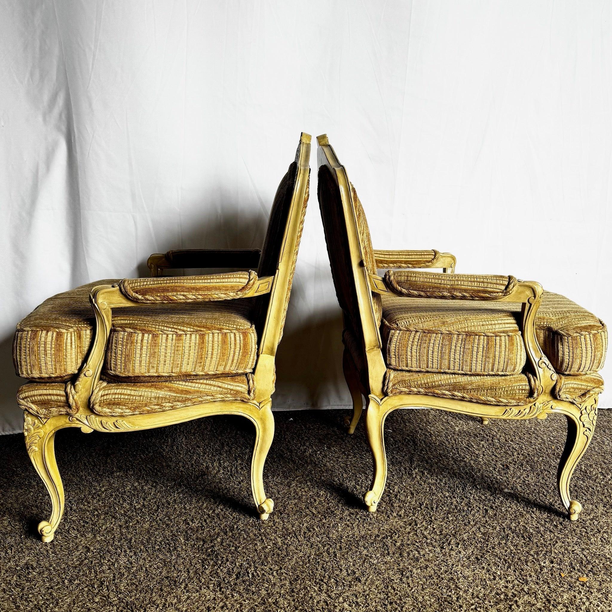 Vintage French Provincial Brown and Tan Lounge Chairs - A Pair For Sale 2