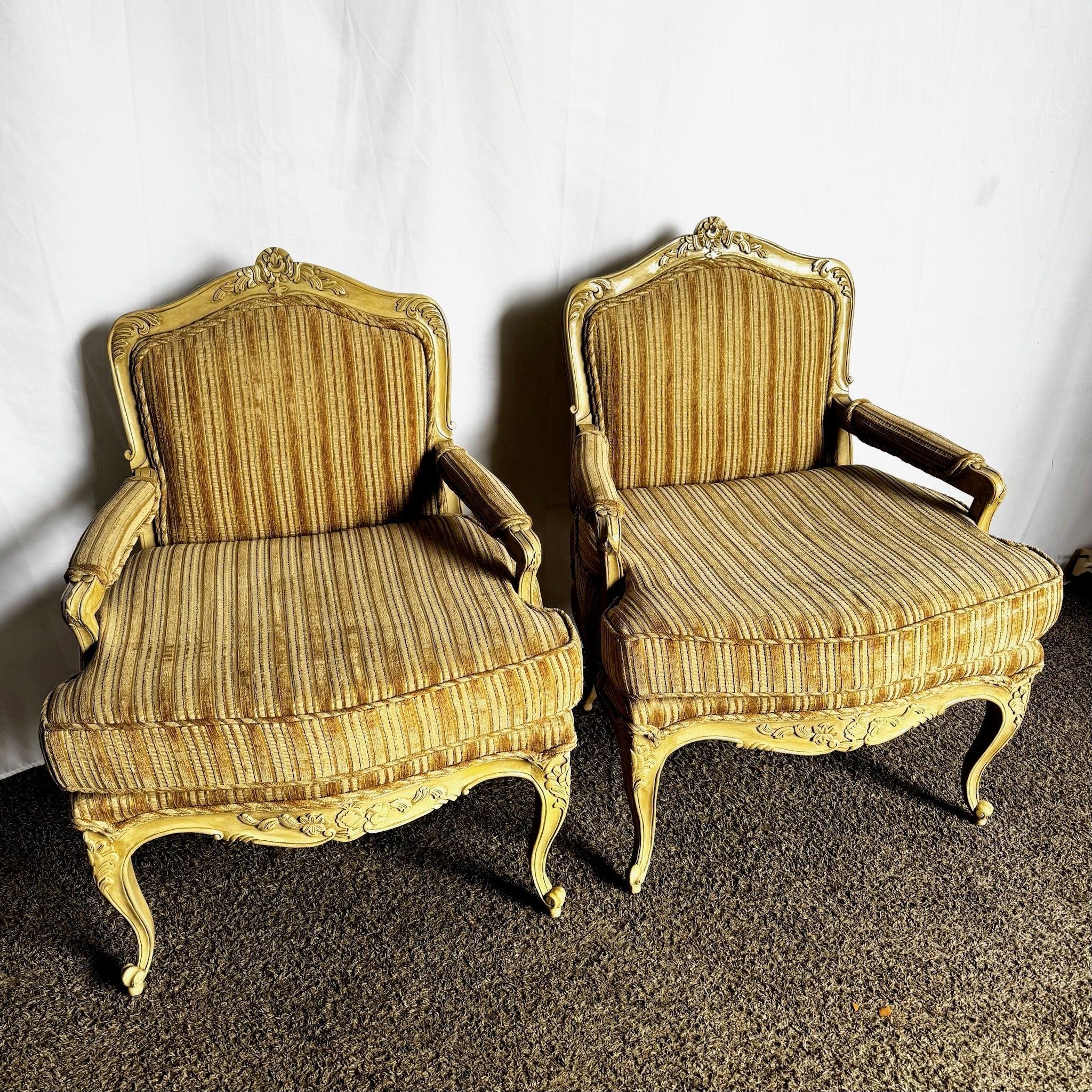 Vintage French Provincial Brown and Tan Lounge Chairs - A Pair For Sale 3