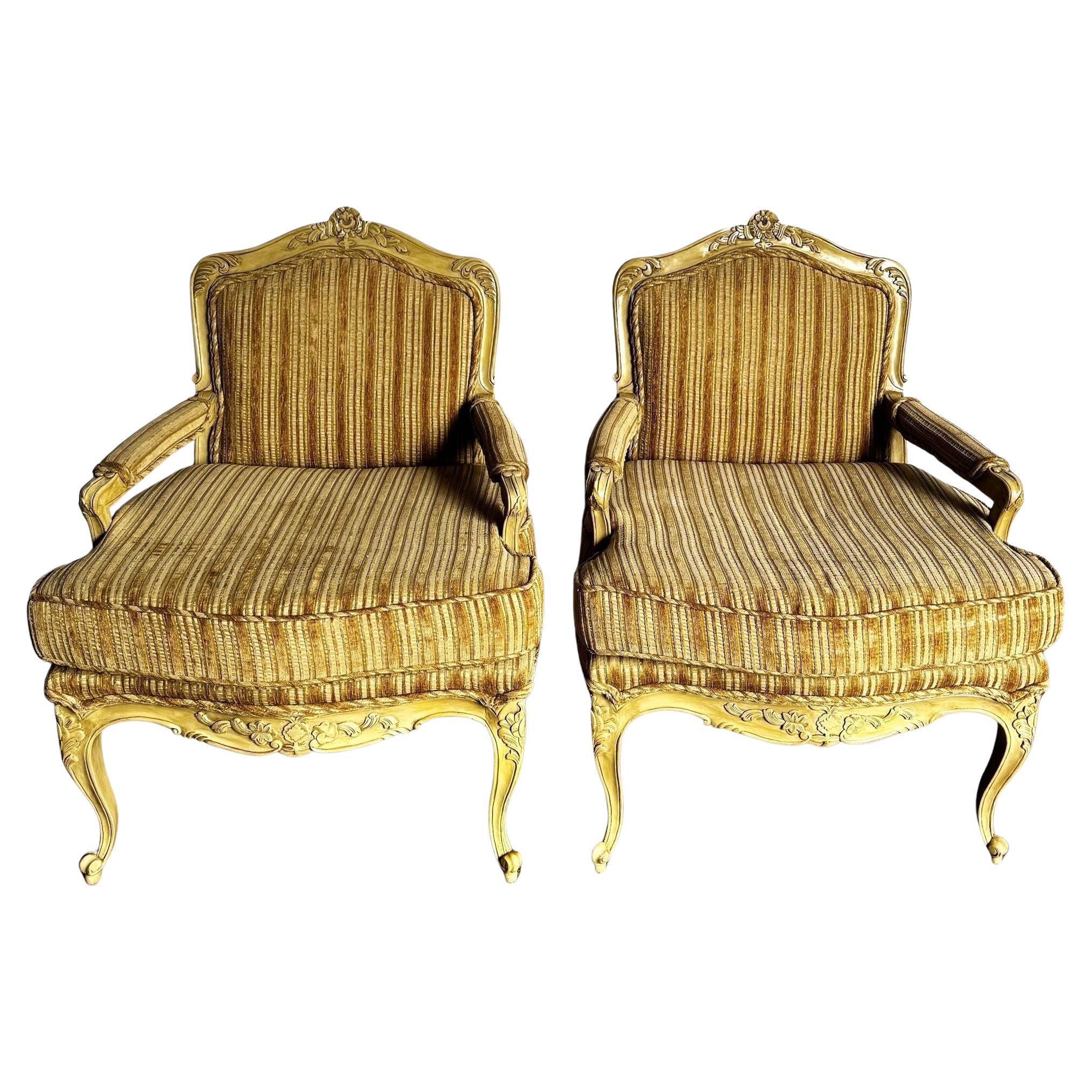 Vintage French Provincial Brown and Tan Lounge Chairs - A Pair