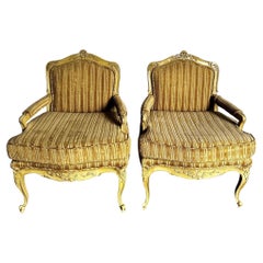 Vintage French Provincial Brown and Tan Lounge Chairs - A Pair
