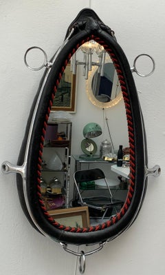 Vintage French Provincial Brown Leather & Polished Chrome Horse Collar Mirror