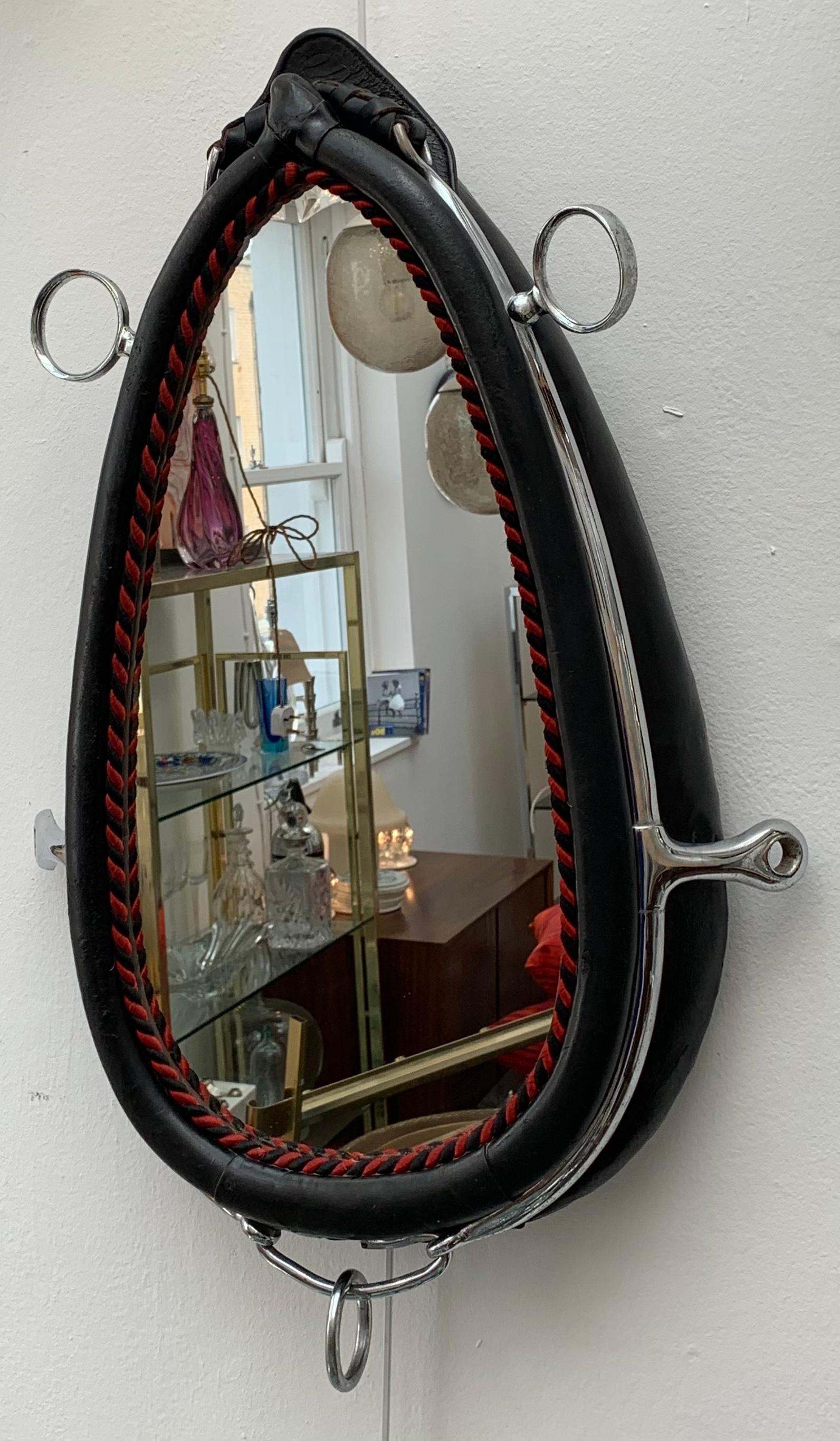 Vintage French Provincial Brown Leather & Polished Chrome Horse Collar Mirror In Good Condition In London, GB