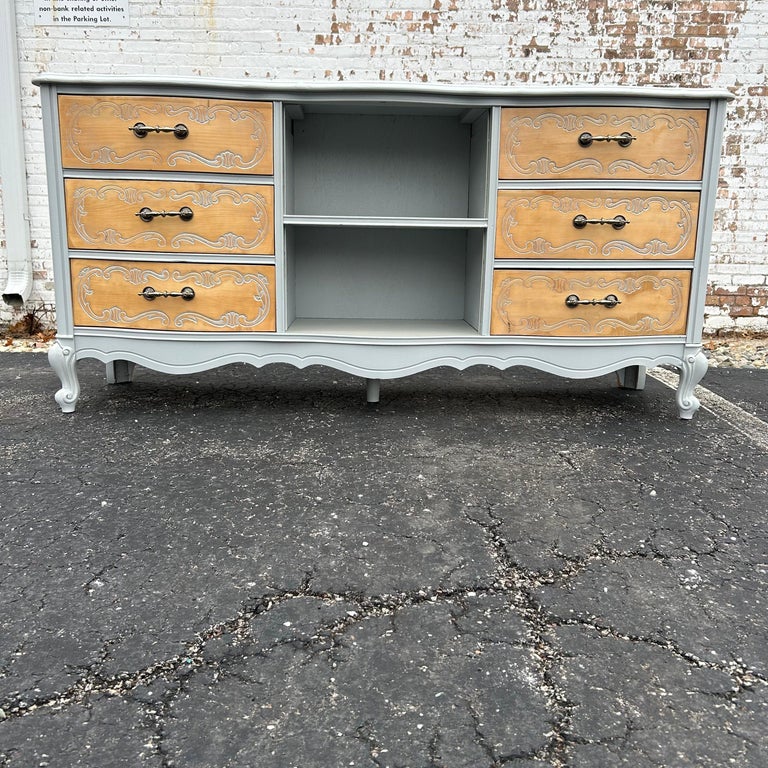 Vintage French Provincial Buffet Dresser in Grey and Natural Wood For