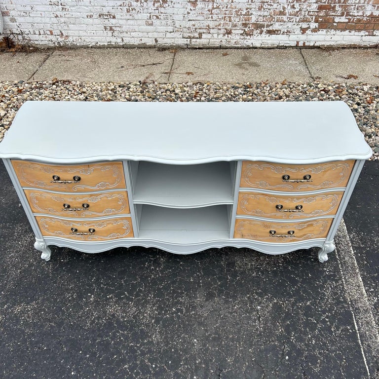 Vintage French Provincial Buffet Dresser in Grey and Natural Wood For