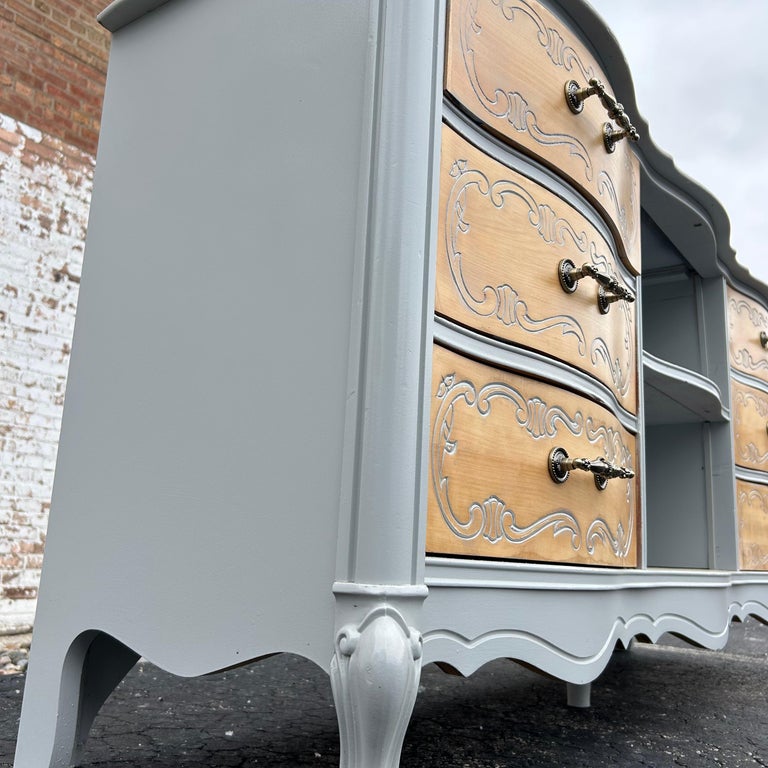 Vintage French Provincial Buffet Dresser in Grey and Natural Wood For