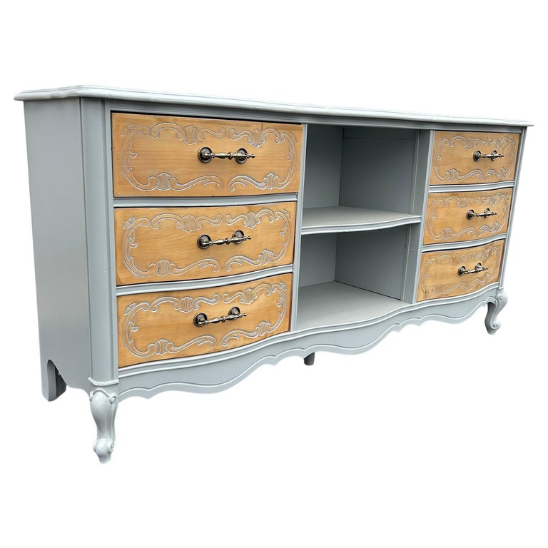Vintage French Provincial Buffet Dresser in Grey and Natural Wood For