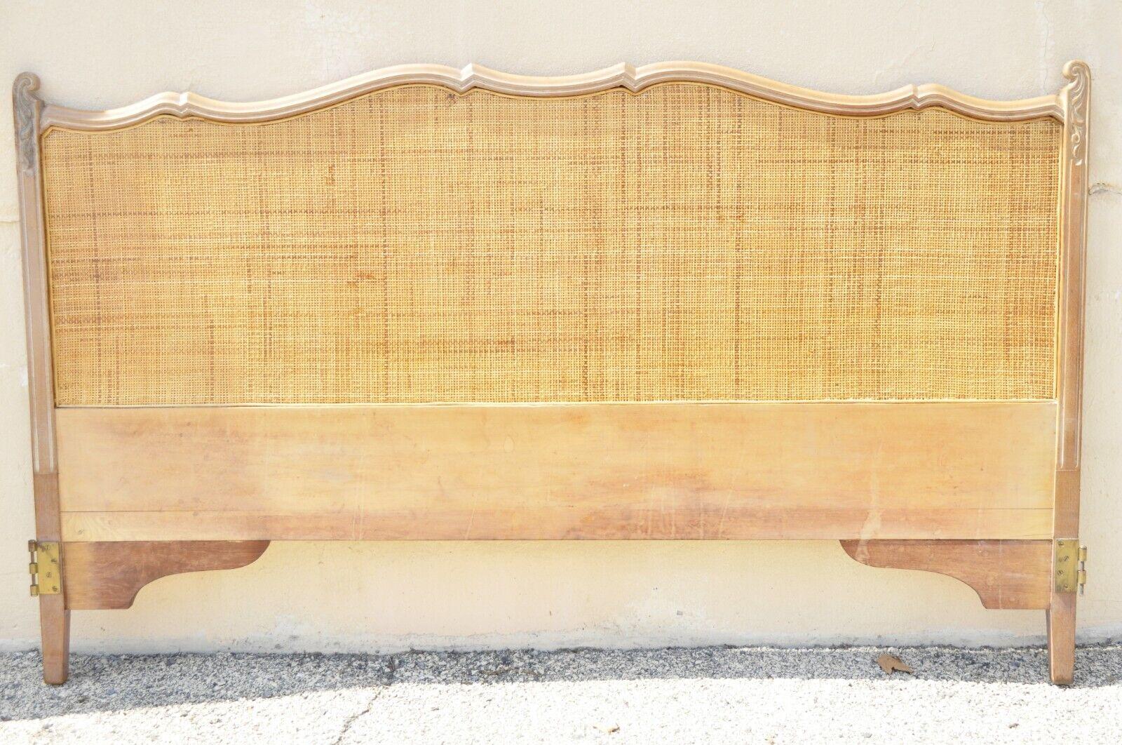 Vintage French Provincial Cane Panel Carved Wood King Size Bed Headboard 7
