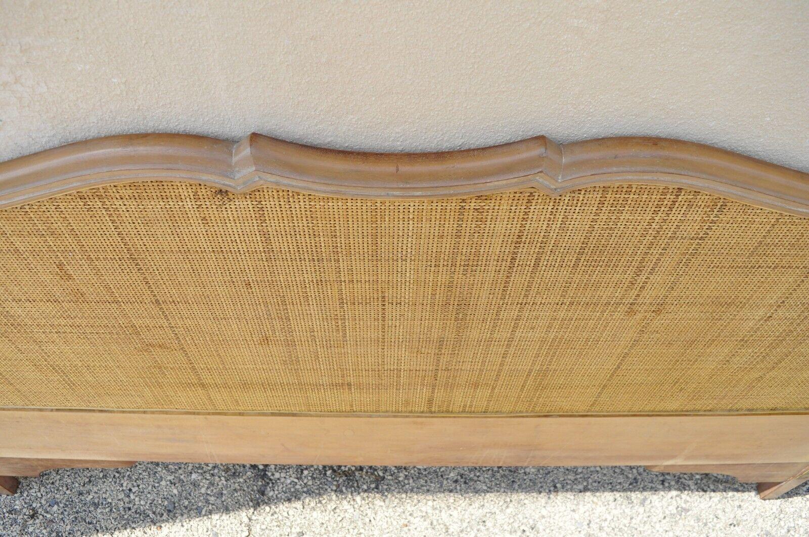 20th Century Vintage French Provincial Cane Panel Carved Wood King Size Bed Headboard
