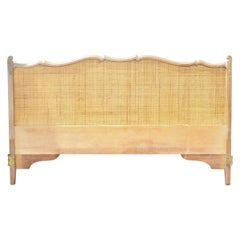 Vintage French Provincial Cane Panel Carved Wood King Size Bed Headboard