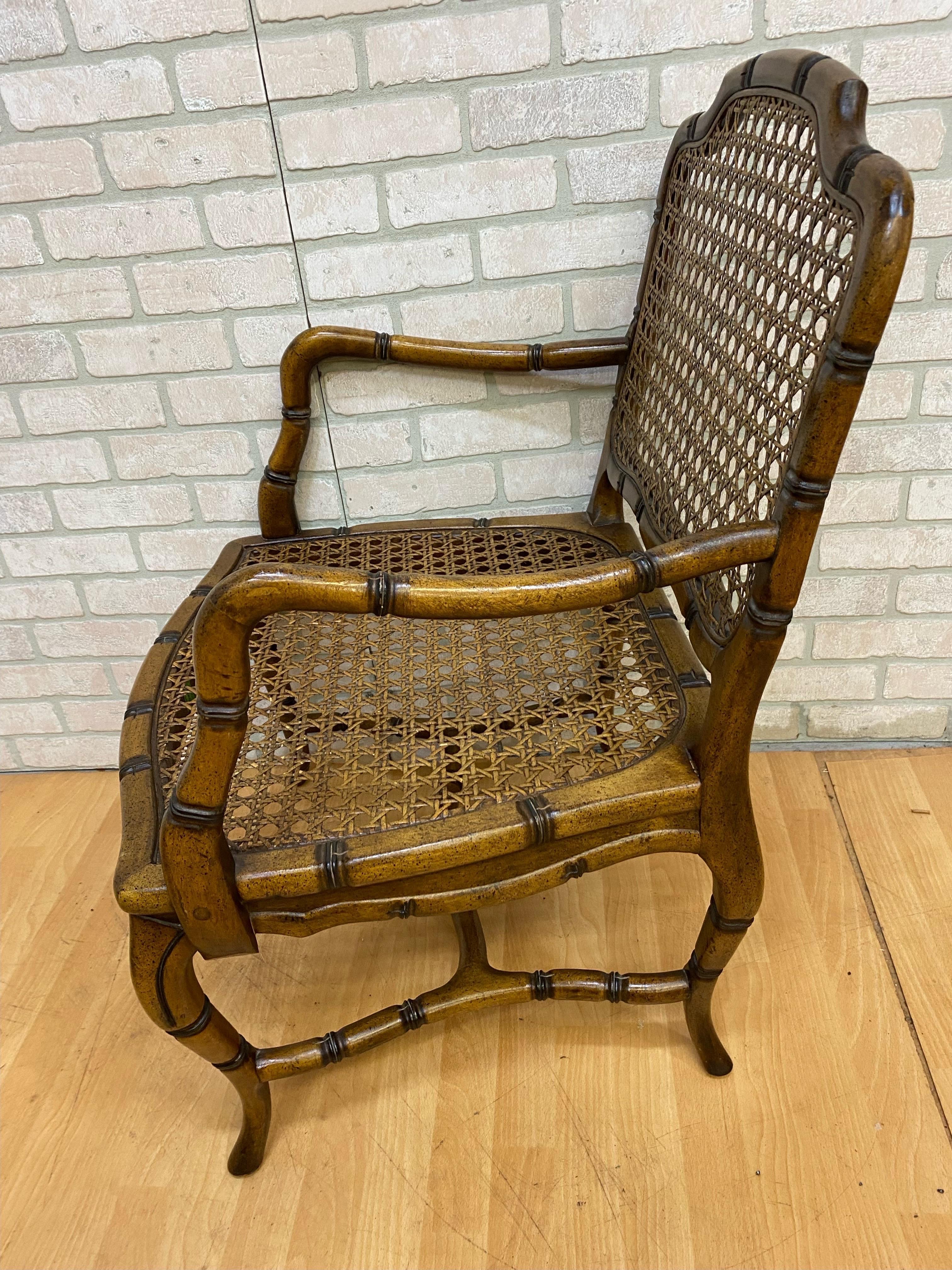Vintage French Provincial Country Cane Faux Bamboo Wood Armchair - Pair  For Sale 4
