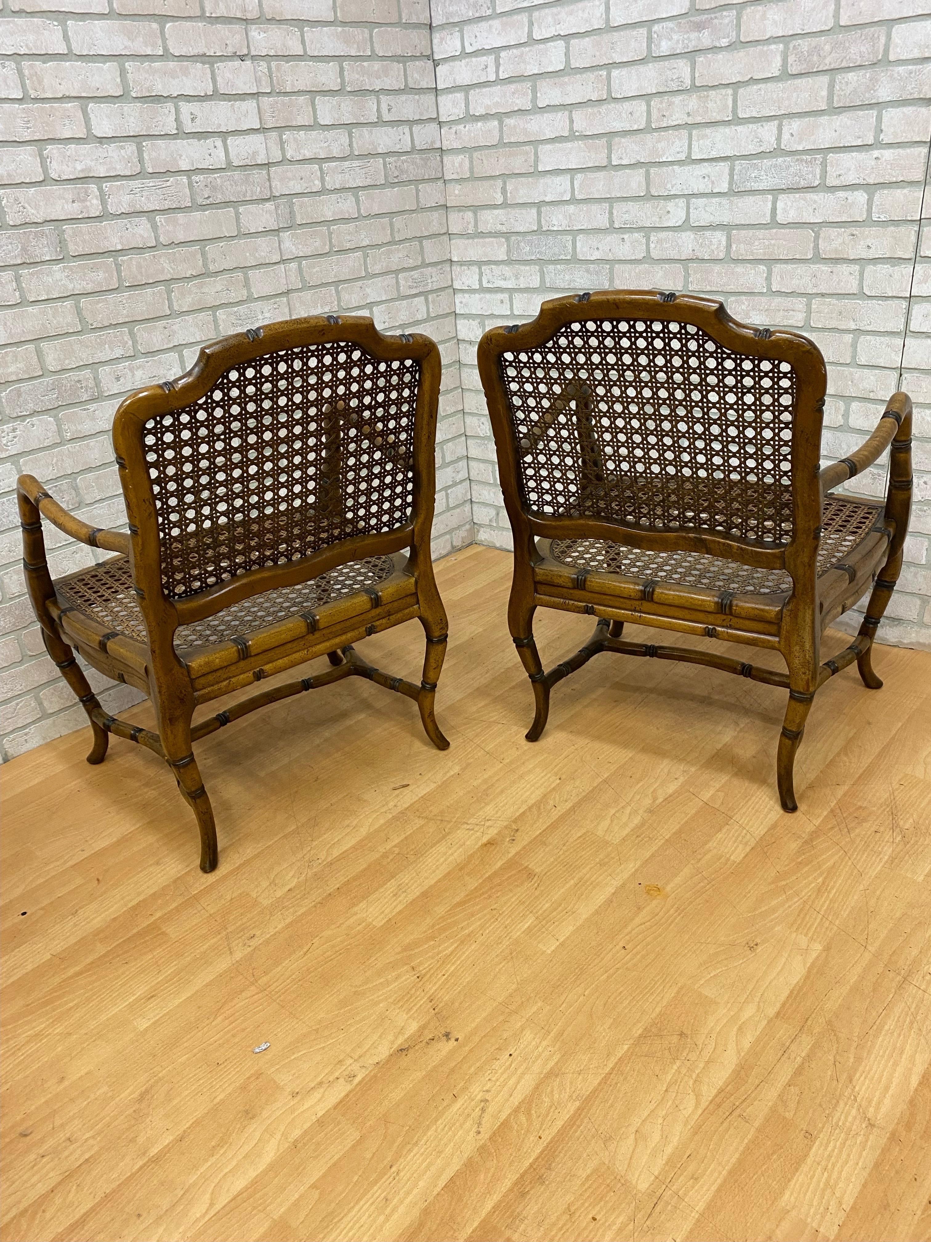 Hand-Crafted Vintage French Provincial Country Cane Faux Bamboo Wood Armchair - Pair  For Sale
