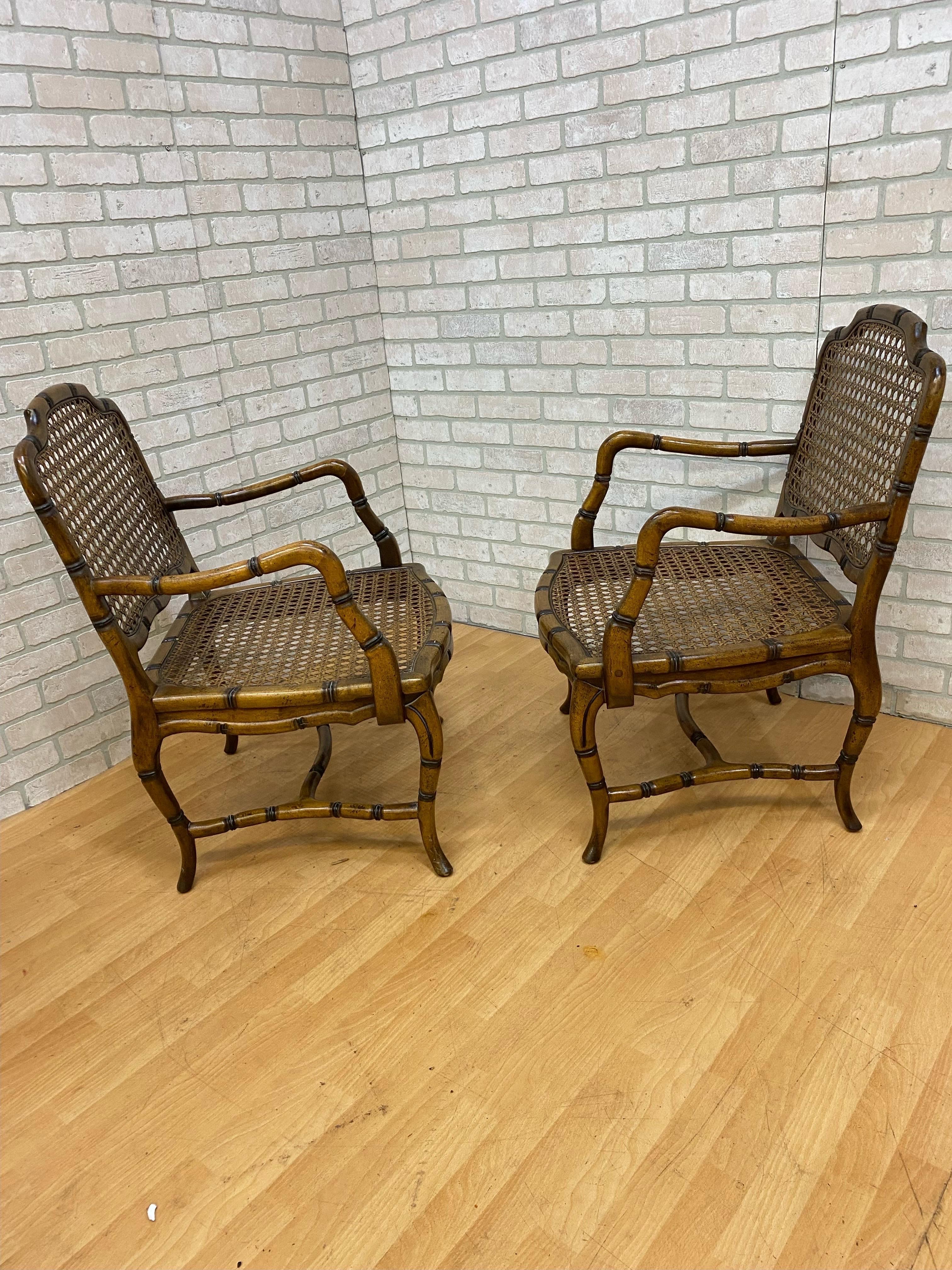 Mid-20th Century Vintage French Provincial Country Cane Faux Bamboo Wood Armchair - Pair  For Sale