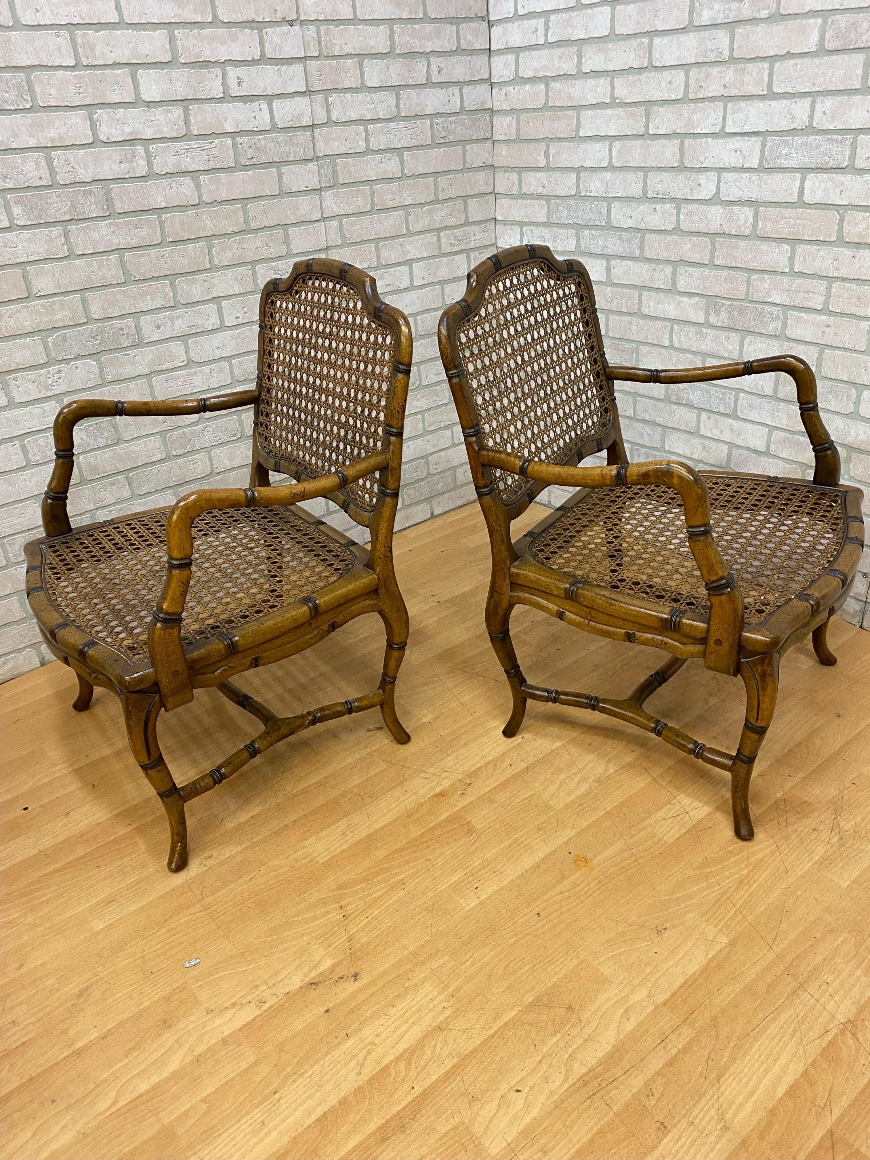 Mid-20th Century Vintage French Provincial Country Cane Faux Bamboo Wood Armchair - Pair  For Sale