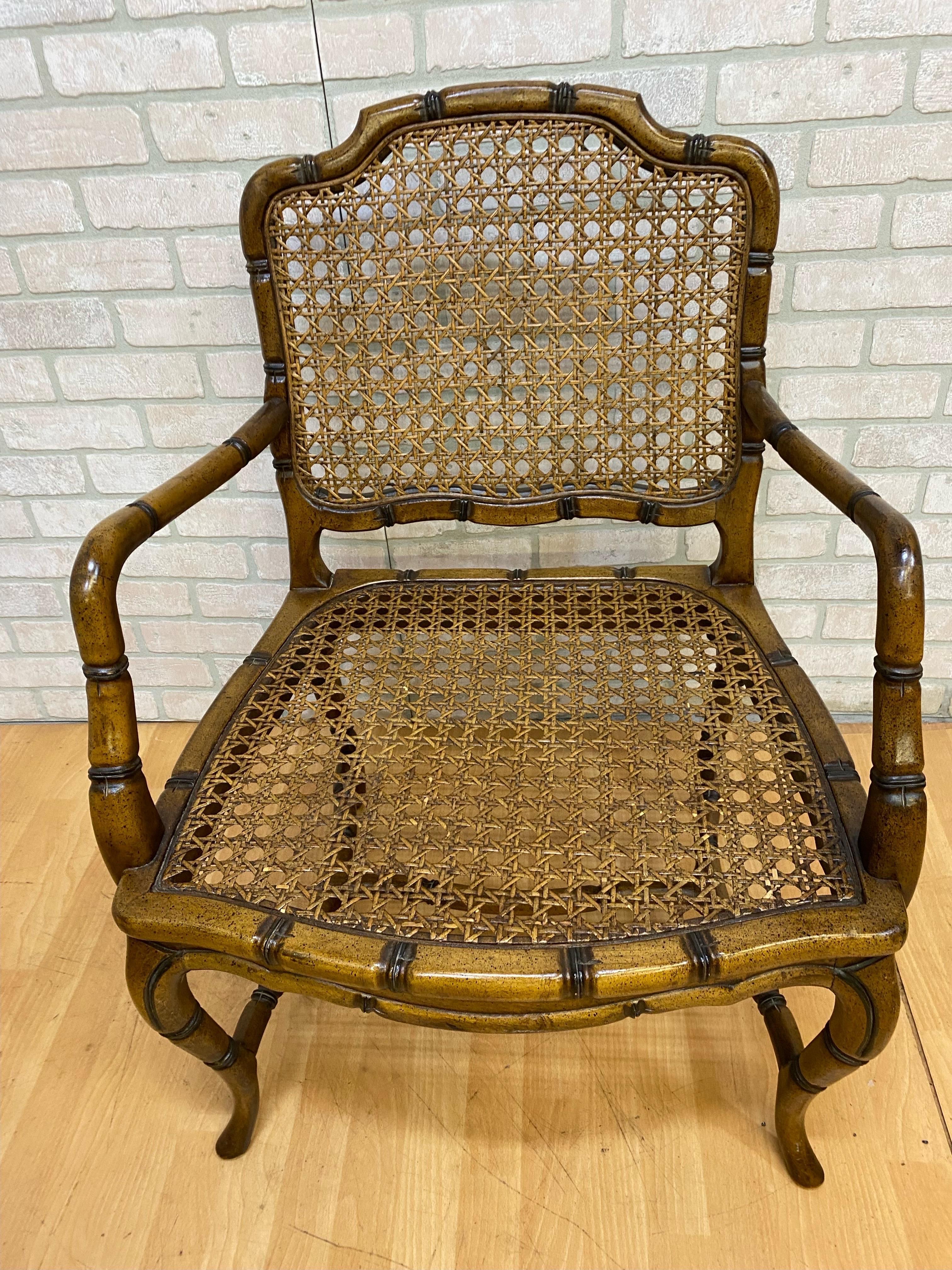Vintage French Provincial Country Cane Faux Bamboo Wood Armchair - Pair  For Sale 1