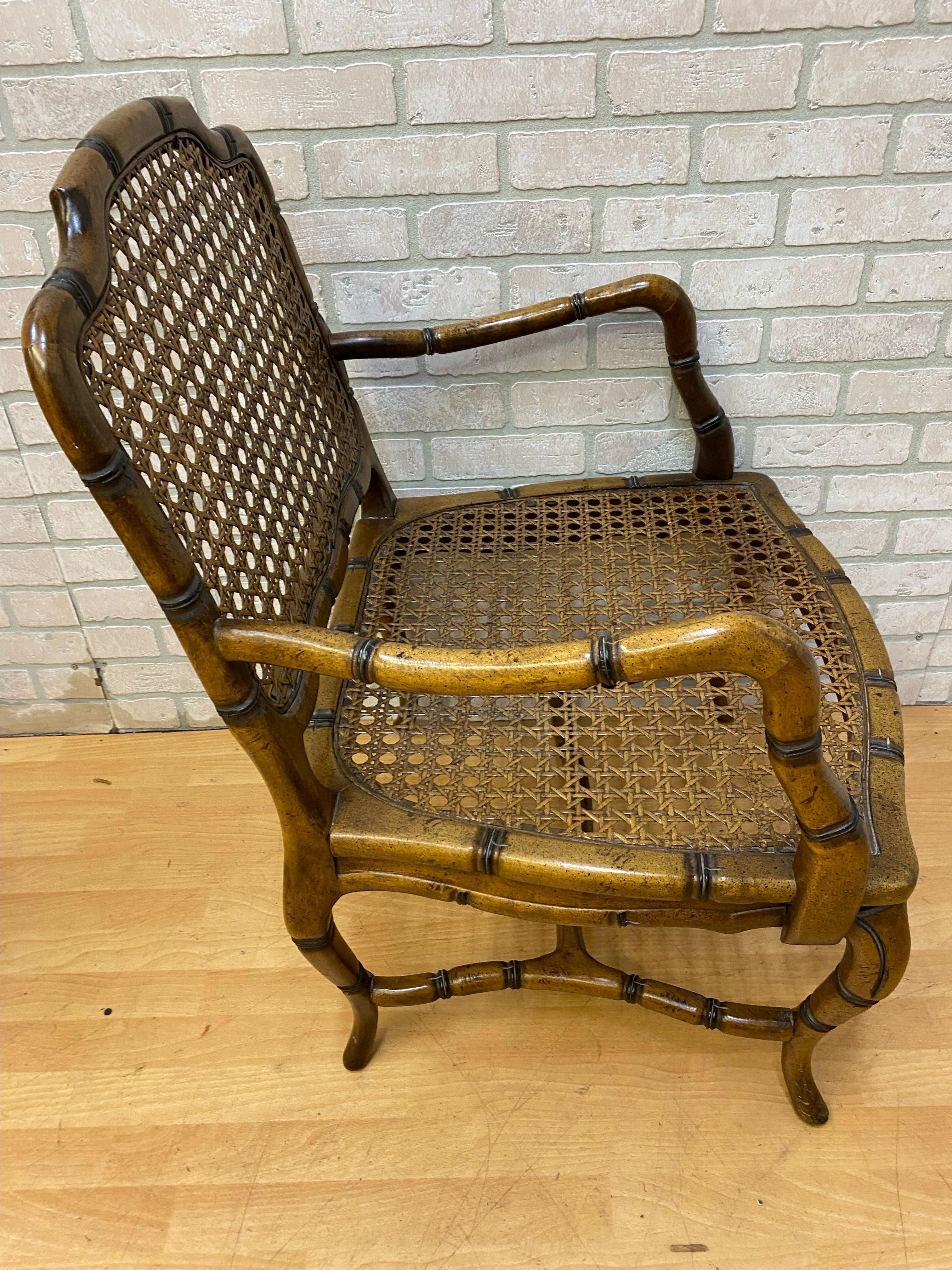 Vintage French Provincial Country Cane Faux Bamboo Wood Armchair - Pair  For Sale 3