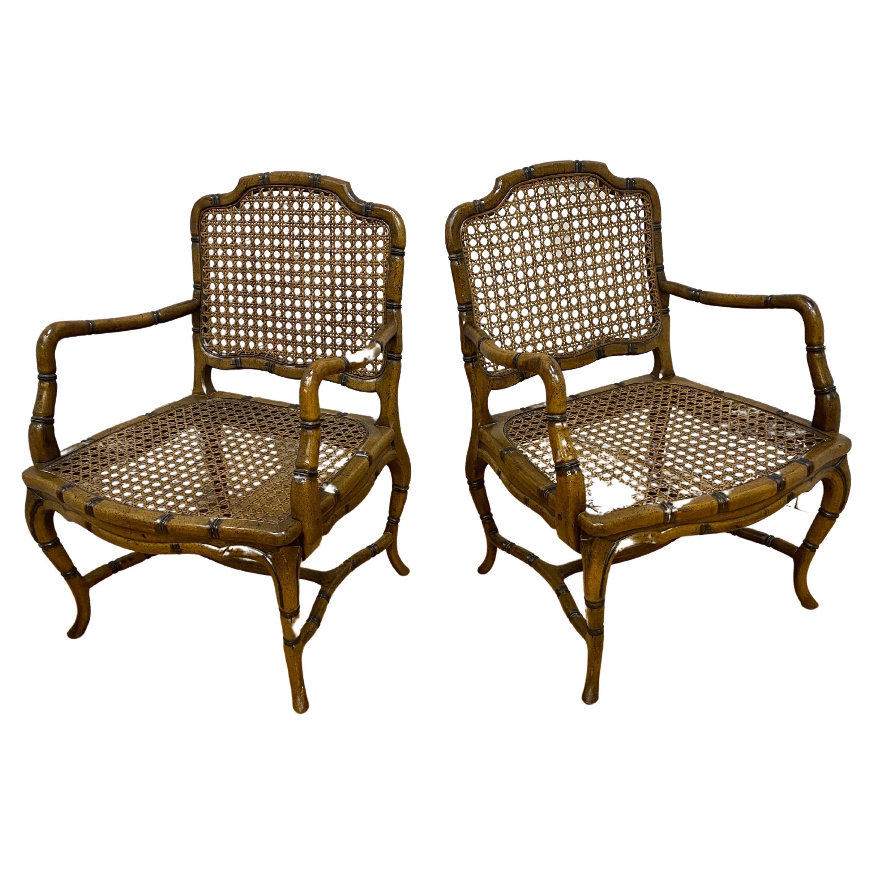 Vintage French Provincial Country Cane Faux Bamboo Wood Armchair - Pair  For Sale