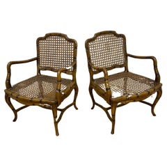 Vintage French Provincial Country Cane Faux Bamboo Wood Armchair - Pair 