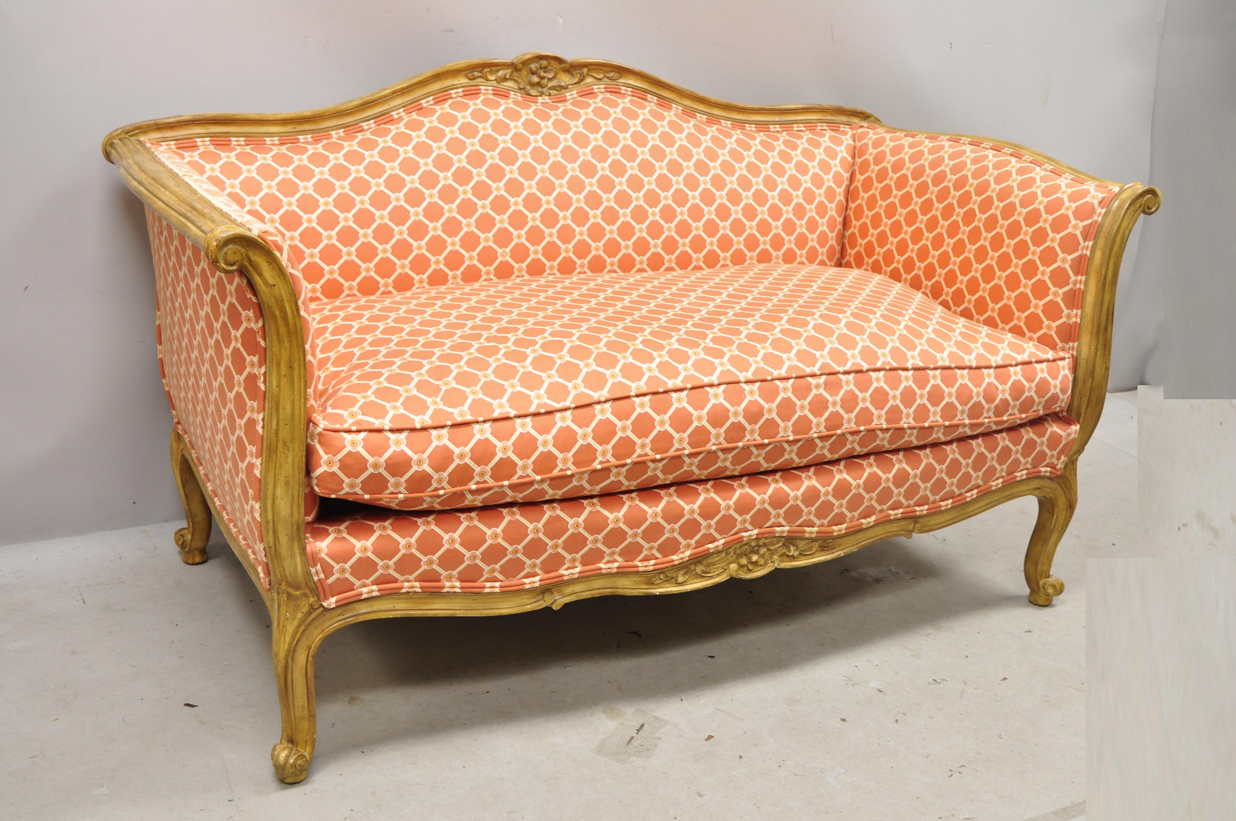Vintage French Provincial country style Louis XV Bloomingdales Trianon loveseat settee sofa. Item features solid wood frame, distressed finish, nicely carved details, original label, cabriole legs, quality Italian craftsmanship. From the