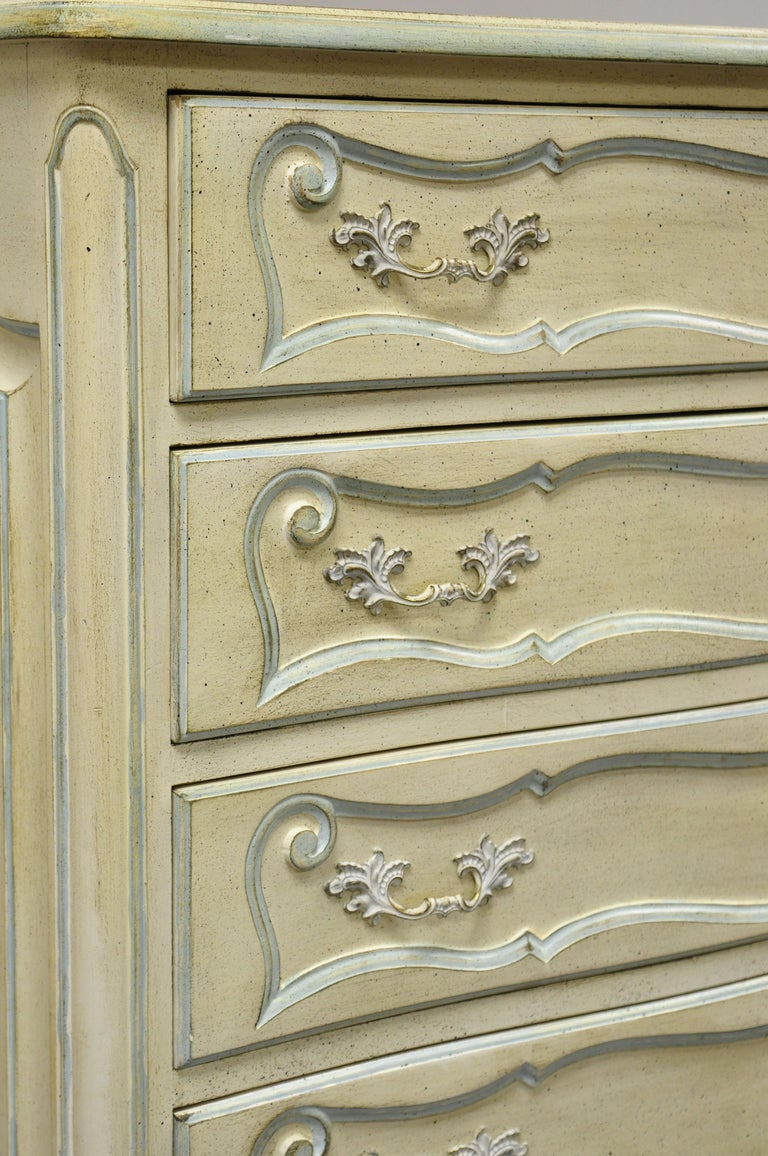 Vintage French Provincial Cream Blue Paint Tall Narrow Custom Chest