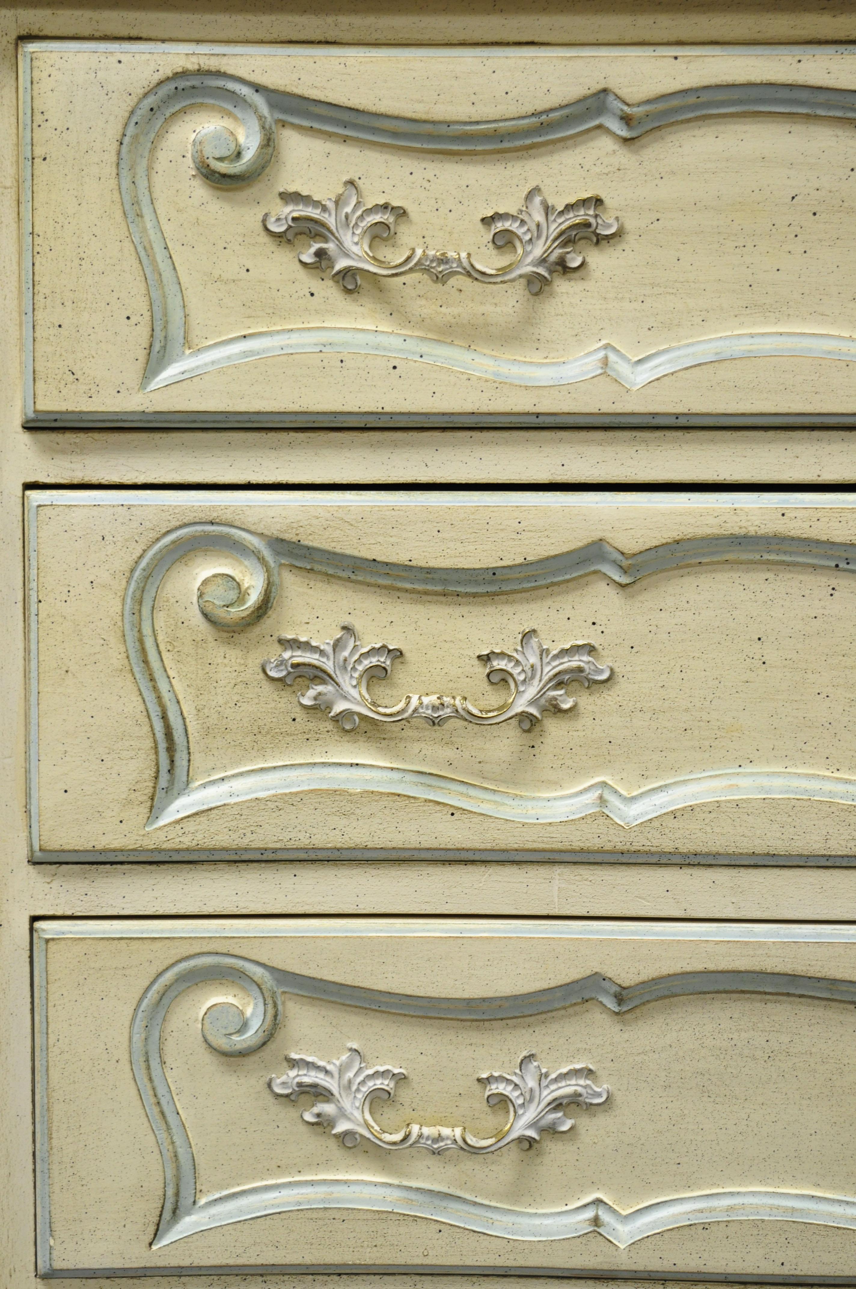 Vintage French Provincial Cream Blue Paint Tall Narrow Custom Chest Dresser For Sale 2