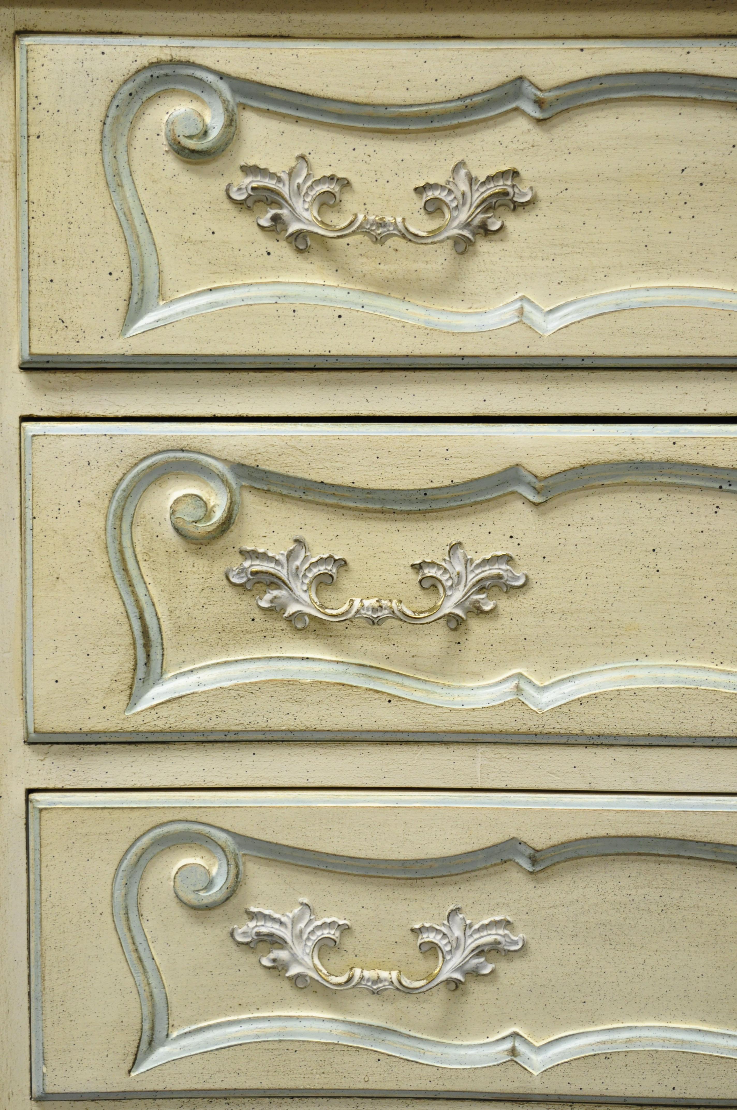 Vintage French Provincial Cream Blue Paint Tall Narrow Custom Chest Dresser 2