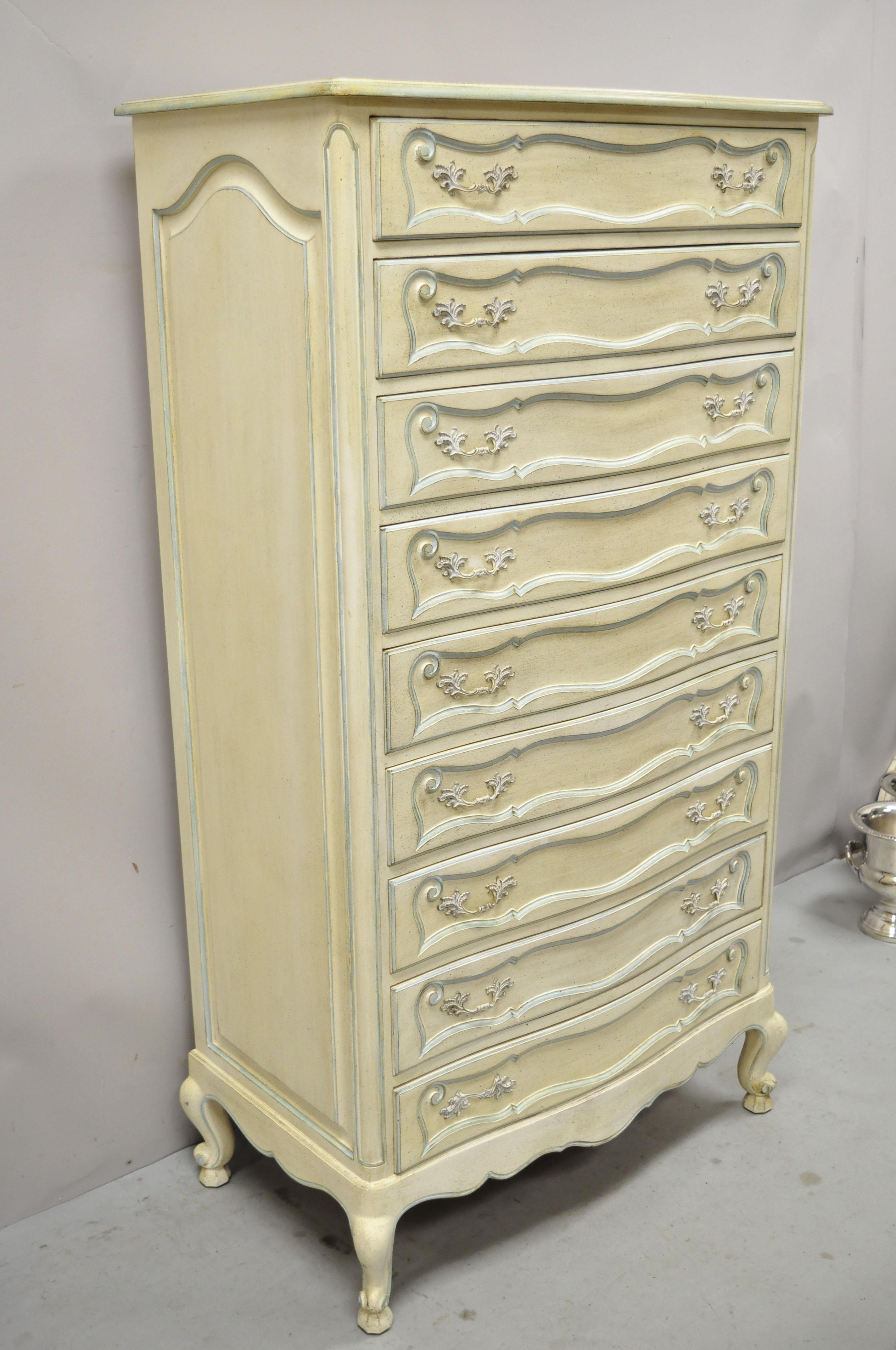 Vintage French Provincial Cream Blue Paint Tall Narrow Custom Chest Dresser For Sale 3