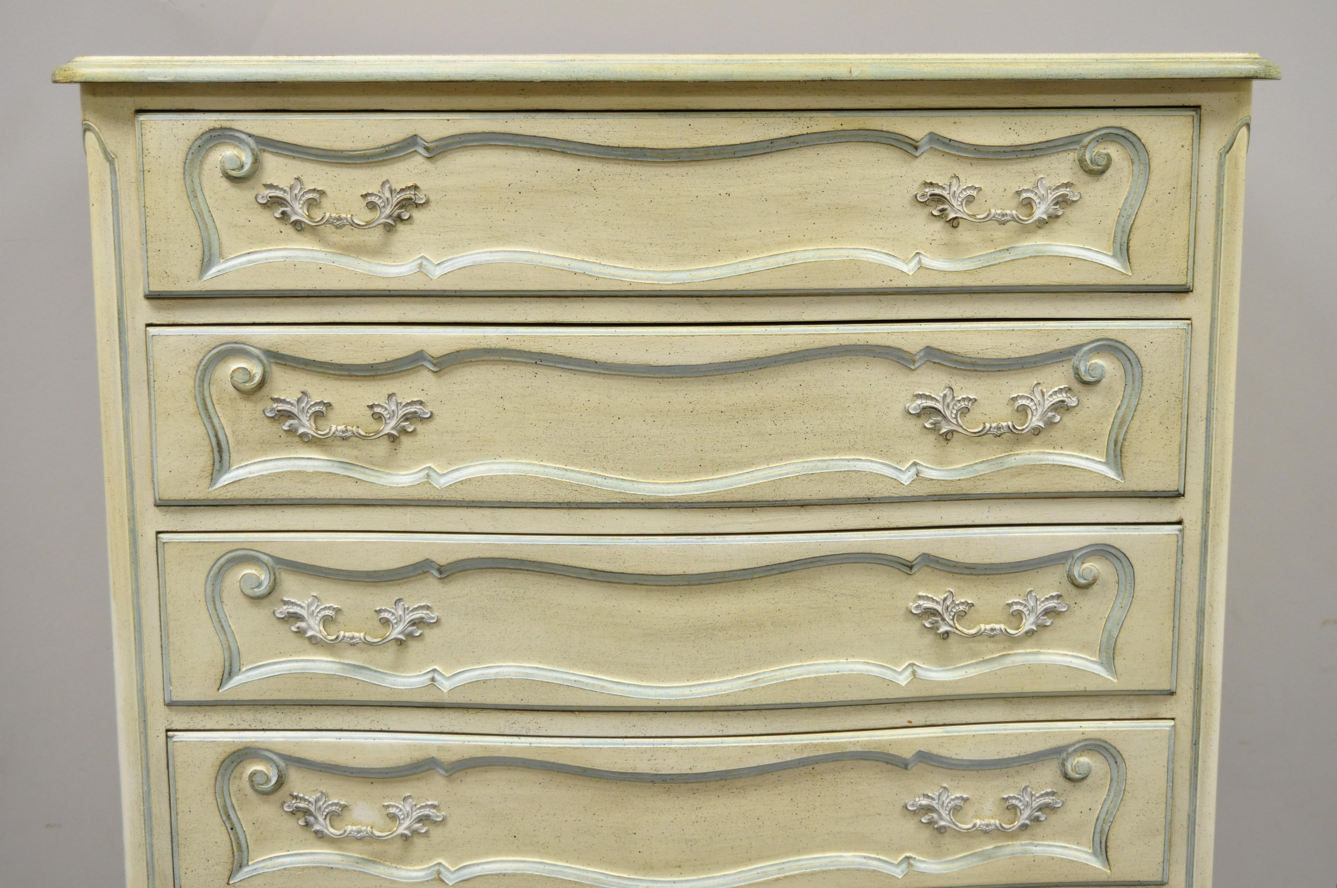 Vintage French Provincial cream and blue painted tall narrow custom 65